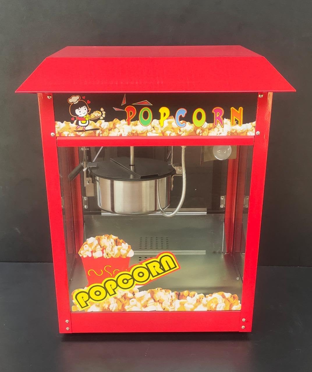 Shoppers Hub PNQ 1.45kW Electric MS Body Based Red Popcorn Machine with Toughened Non Breakable Glass for Ideal Heavy Duty Use In Theatres, Malls and Other Commercial Food Eateries. (Size: 56x42x68cm)