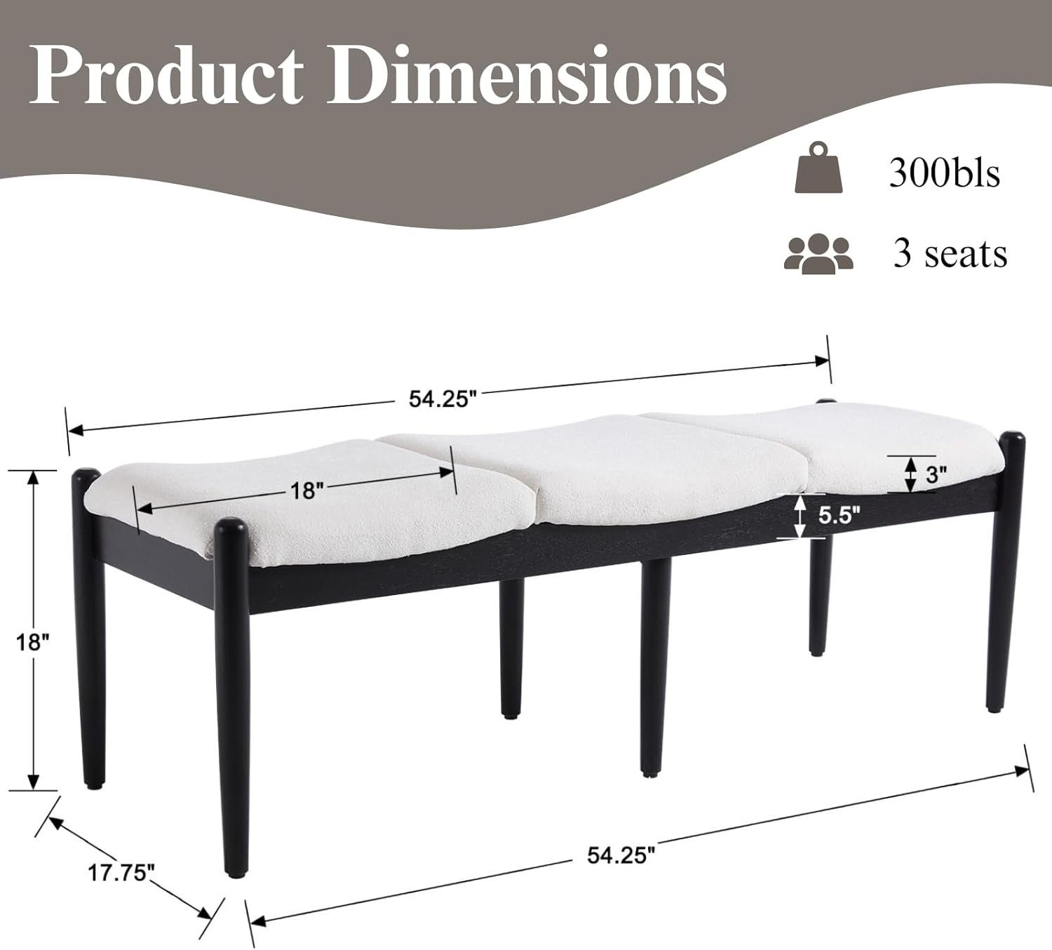DUOMAY 55'' Modern Ottoman Bench, Chenille Upholstered Entryway Bench Bedroom Bench with Wood Legs, End of Bed Bench for Bedroom, Living Room, Corners, Kitchen, White