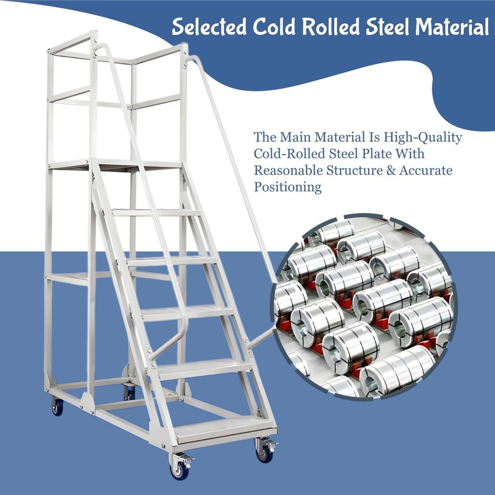 Portable Folding Step Stool with Anti-Slip Wide Pedal Rolling Stairs on Wheels for Home Warehouse Supermarket & Industrial Use -& Convenient