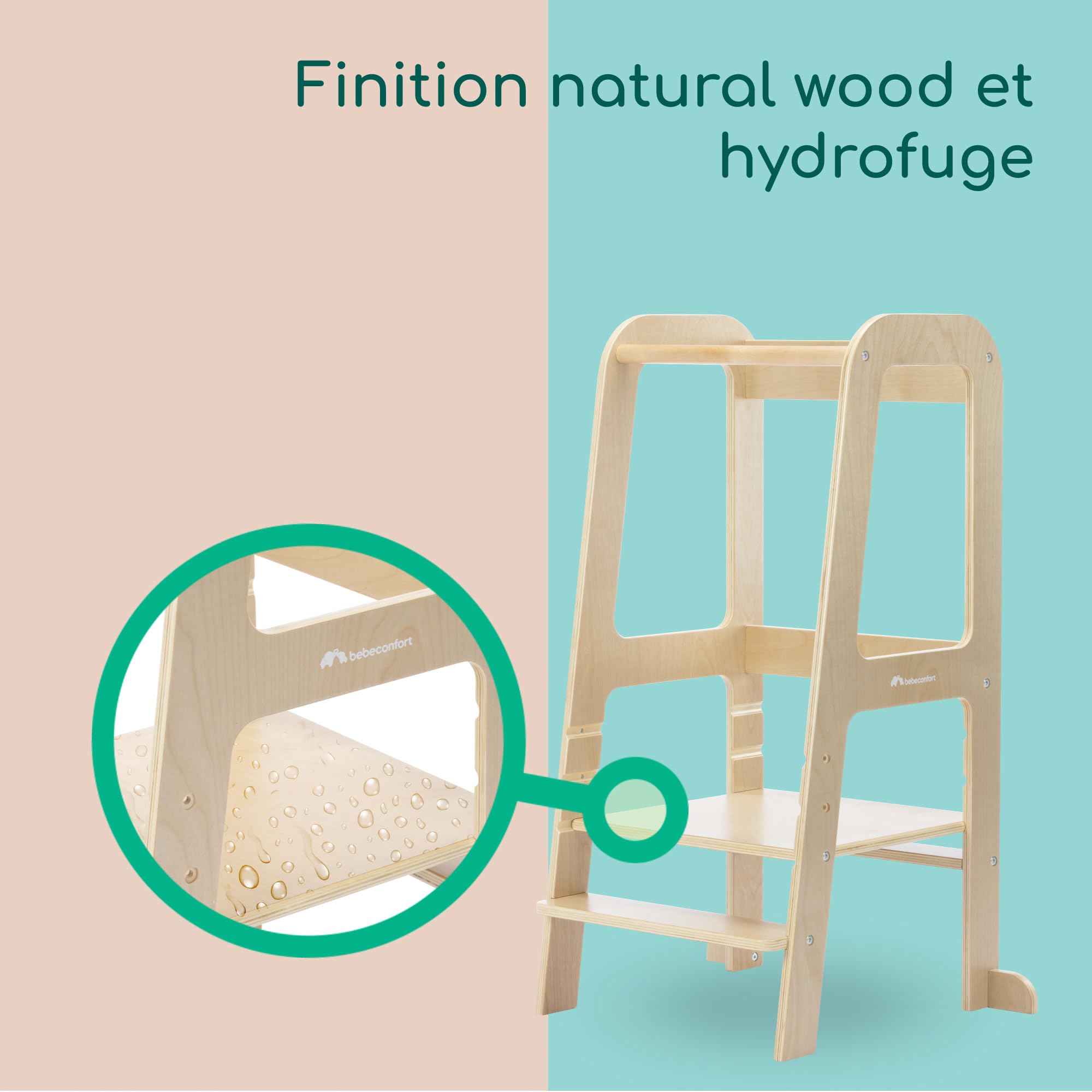 Bebeconfort Hoya, Tour d'Observation Enfant, 1,5 à 6 Ans (10-30 kg), 3 Hauteurs Réglables, Sécurité Certifiée, Tour d'apprentissage Montessori, Légère 6,2 kg, Design, Durable, Natural Wood
