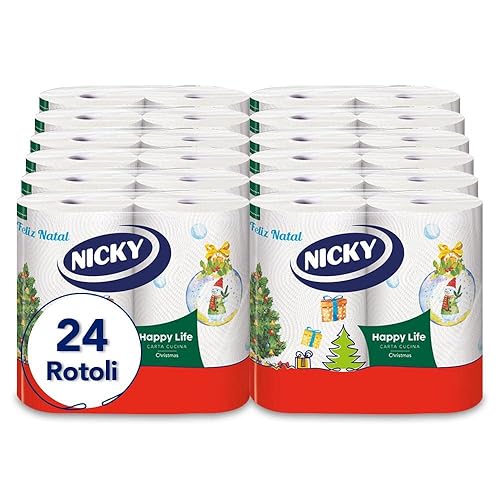 Nicky Happy Life Christmas - Carta Cucina Natalizia, 24 Rotoli Asciugatutto da 100 Strappi, Carta a 2 Veli, Apertura Facilitata, 4 decori natalizi diversi, Resistente ed Assorbente, Carta FSC