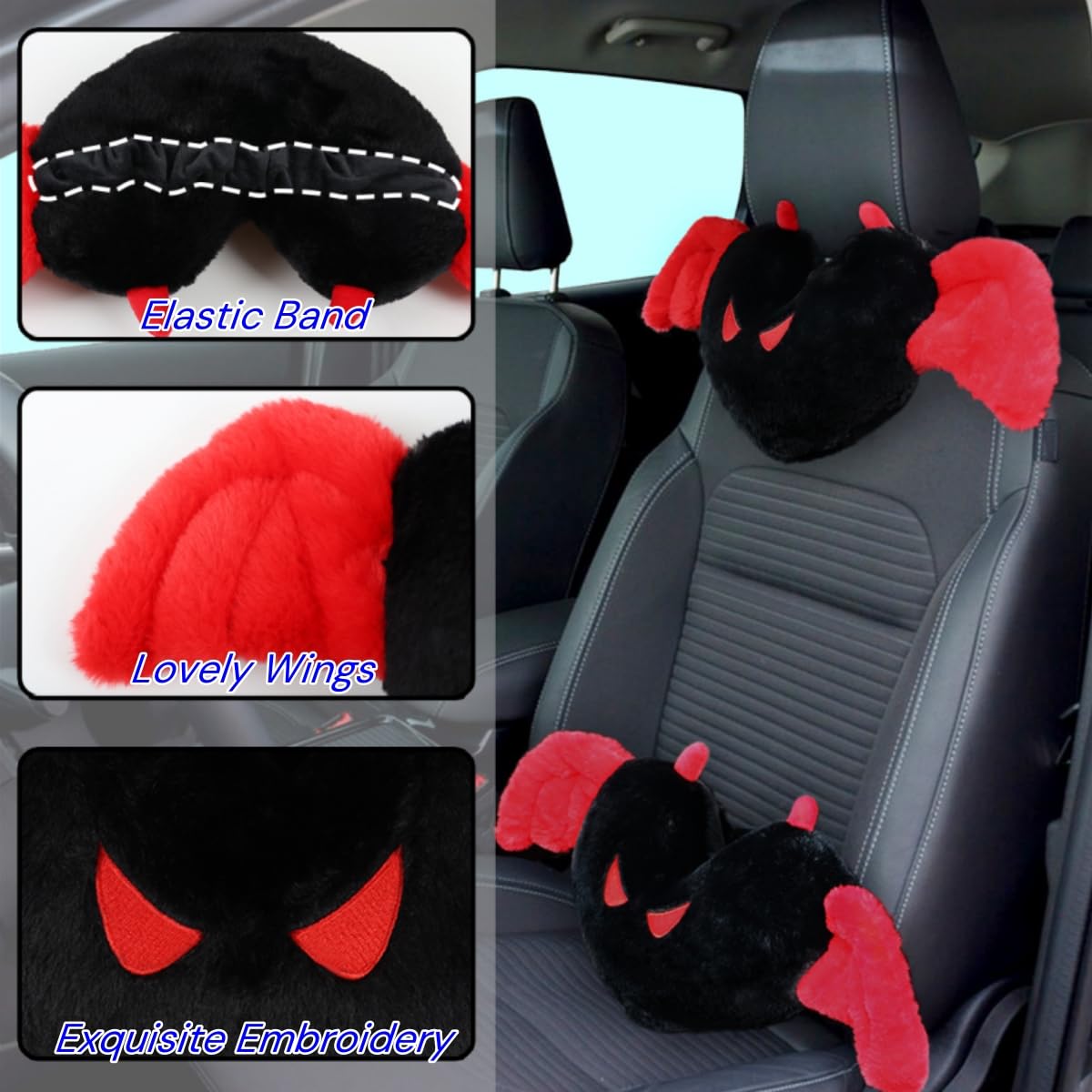 2 Pcs Heart Shaped Car Headrest Pillow Devil & Angel Wings Neck Pillow Cute Car Seat Decor Neck Support Cushions for Travel Sleeping, Driving, Home, Office, Black Devil