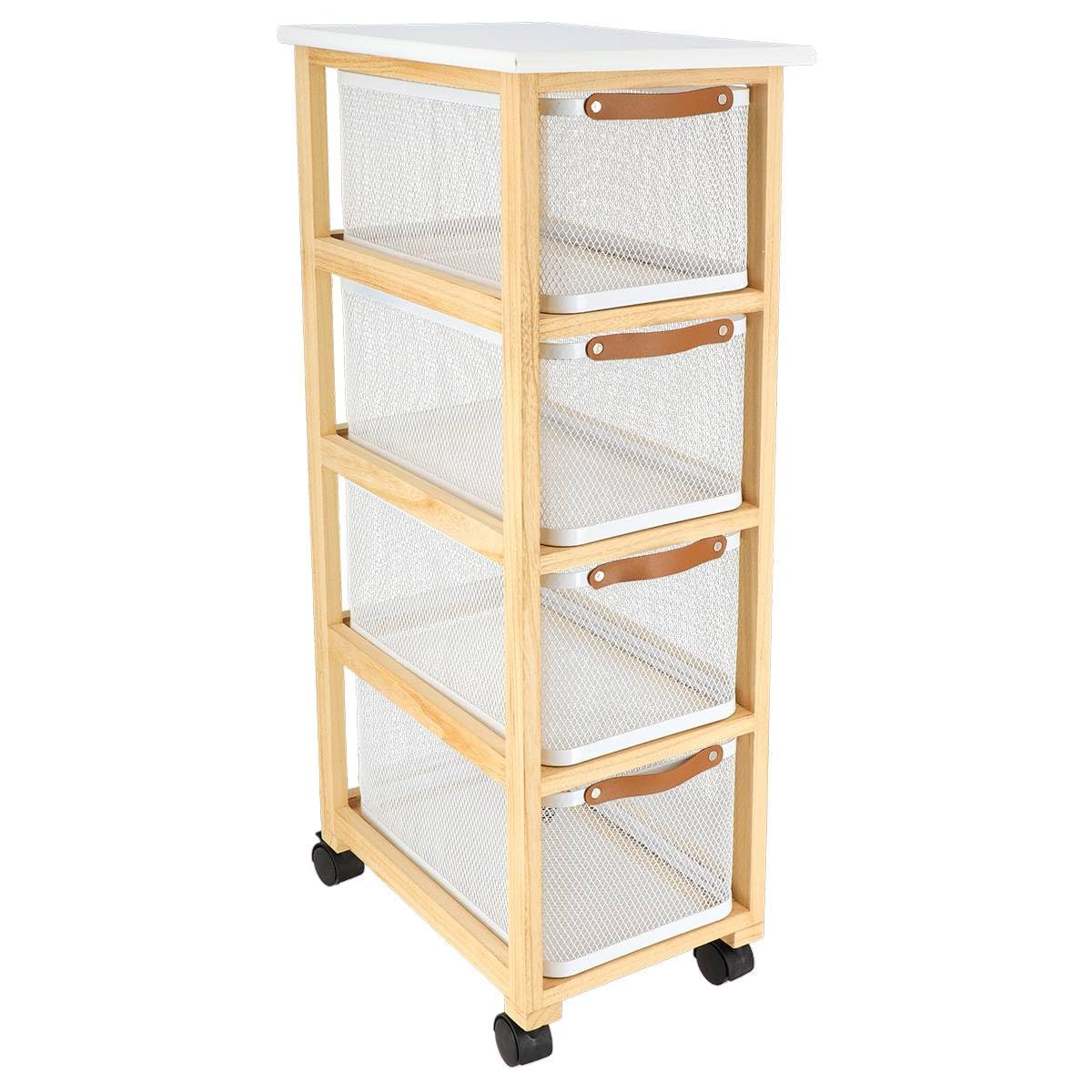 Tendance - Meuble rectangulaire bois sur roulettes 4 paniers metal - blanc/naturel