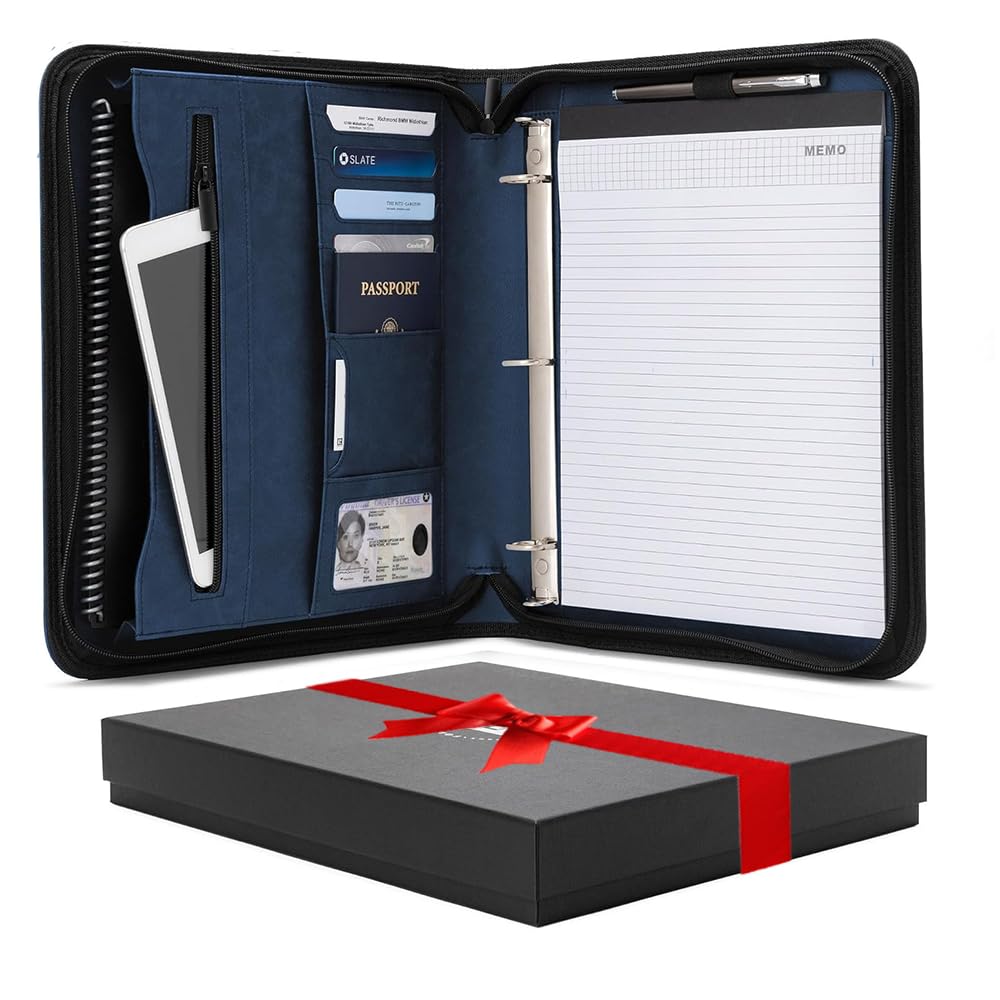 Forevermore Portfolios Padfolio Binder - Professional Faux Leather Travel Organizer Pouch for Tablet, Documents, Presentation Folders, Business Cards - Zipper Closure with Notepad- Blue