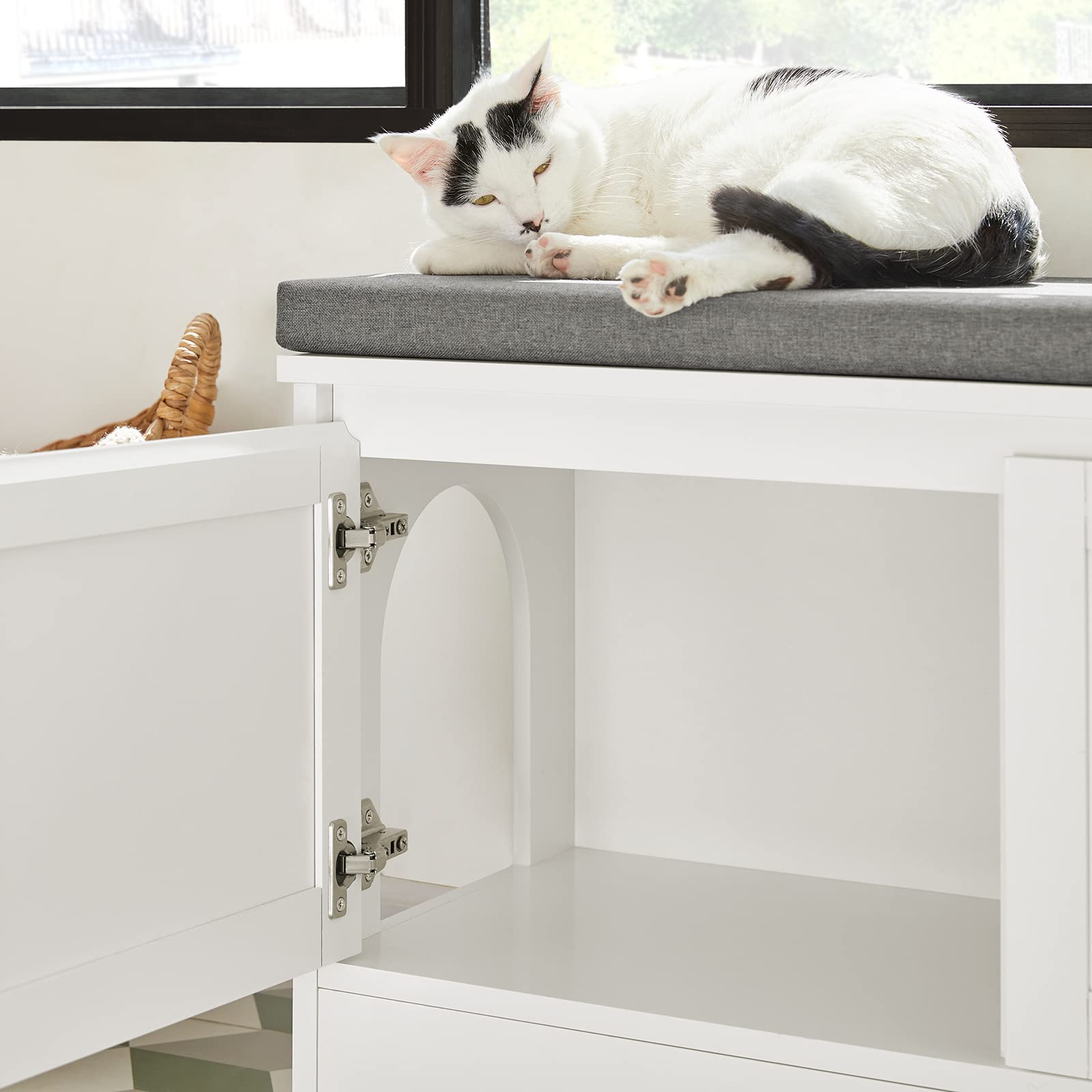 SoBuy Cuccia per gatti con ciotola per gatti in acciaio Inossidabile Panca con seduta Casetta per gatti Bianco 90x36x44cm FSR136-W