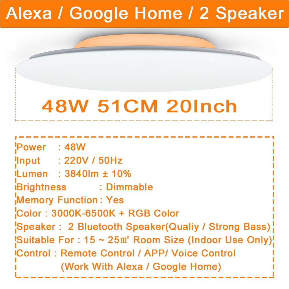 48W Φ50cm Plafón Led Lampara Techo Led Compatible Con WIFI Amazon Alexa Google Assinstant y Con Bluetooth Altavoz y Mando Luz Musica Regulable Cambia De Color Para Dormitorio Salon