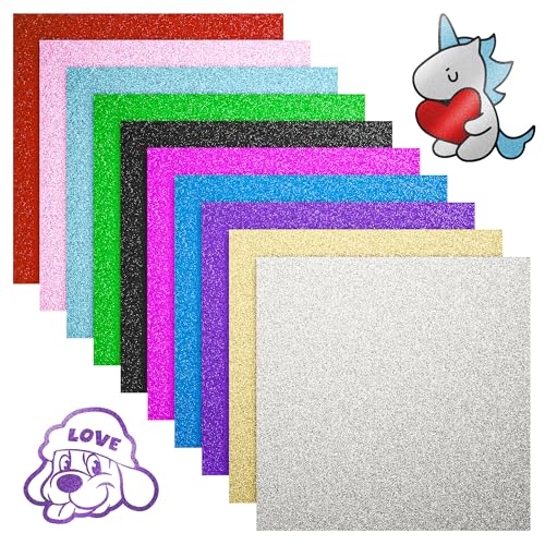 LIKCUT vinilo adhesivo con glitter 10 Couleurs, 30,5 × 30,5 cm vinilo permanente para todo plotter de corte, vinilos adhesivos para decoración