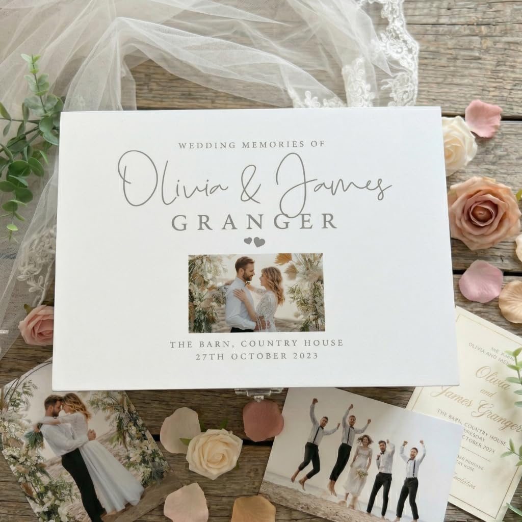 Caja de recuerdos de boda personalizada de lujo, color blanco, línea superior, nombres personalizados, apellidos, ubicación y fecha, regalo de boda, 27 x 19 x 14 cm