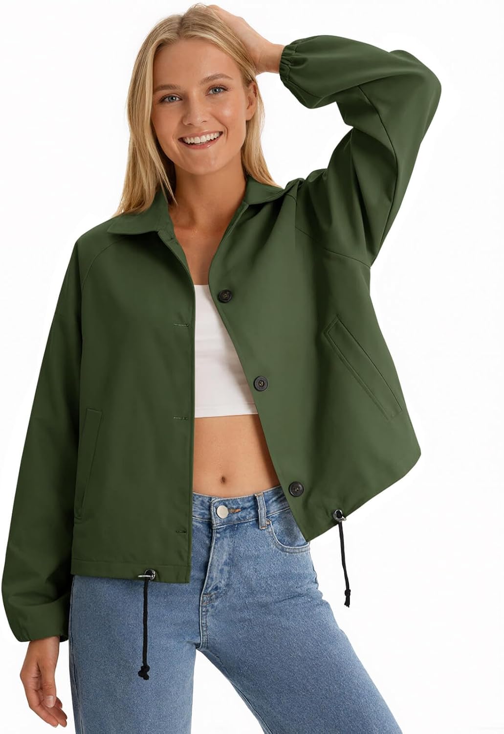 Yousify Womens Cropped Bomber Jackets Button Down Lapel Collar Coats Adjustable Waist Trench Coat Outerwear with Pockets - Image 5
