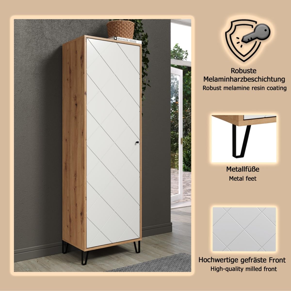 trendteam smart living - Touch - Garderobenschrank - Eiche/Weiß - Kleiderschrank mit ausziehbarer Kleiderstange - Soft-Close - Elegante Metallfüße - (BxHxT) 63 x 194 x 40 cm - Moderne Rautenfräsung