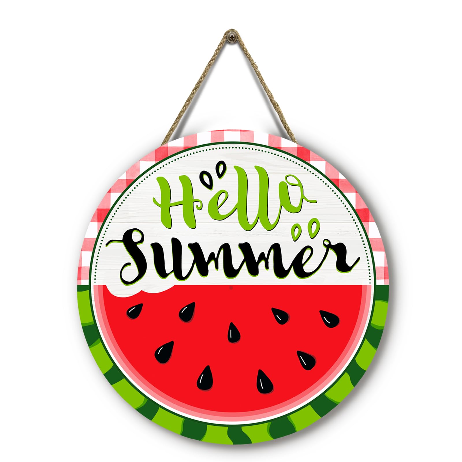 Dacawin Hello Summer Watermelon Door Sign Summer Welcome Sign for Front Door Red Green Buffalo Plaid Wooden Door Hanger Outdoor Porch Decor Seasonal