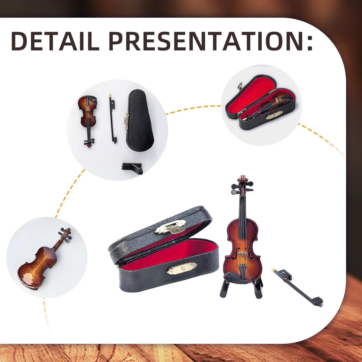 Violino in miniatura in legno con supporto, arco e astuccio, mini strumento musicale in miniatura modello casa delle bambole mini violino come decorazione per casa, ufficio, compleanno, Natale (8 x 3