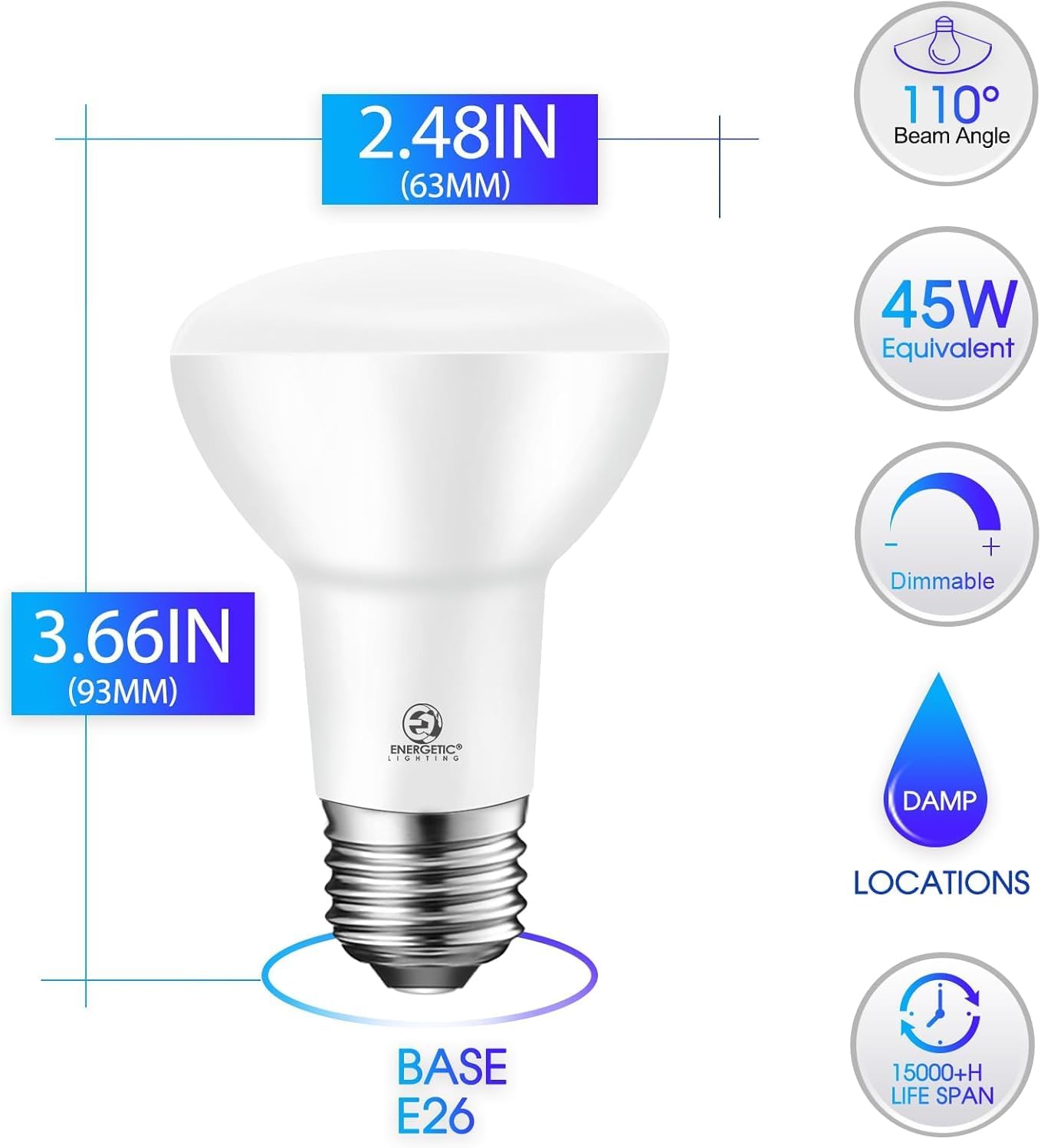 Energetic BR20 LED Bulb R20 Dimmable 6000K Cool Daylight 45W Equivalent to 6.5W, Recessed Can Light Bulbs, Kitchen Ceiling Lights, E26 500 Lumen LED Flood Light Bulbs, Indoor UL Listed (Pack of 10)