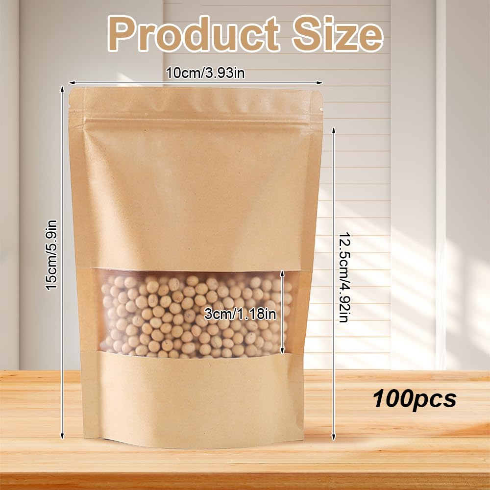 100 Pezzi 15 x 10 cm Sacchetti Carta Kraft con Finestra, Marrone Sacchetti di Carta per Alimenti, Riutilizzabile con Cerniera Imballaggi per Alimenti in Carta Kraft per Noci, Chicchi di Caffè, Tè