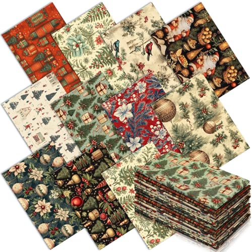 Hahafelt 10 Pcs 18 x 22 Inch Vintage Christmas Quilting Fabric Bundles Christmas Fat Squares Patchwork Precut Strips Red Cardinal Fabric Materials for Xmas Holiday Quilting Crafting DIY