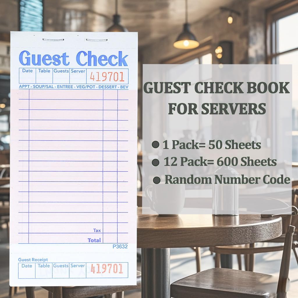 Budgenix Guest Checks Server Note Pads 12 Pack 600 Orders, Pink Guest Check Pads with Bottom Receipt, Waitress Notepad for Restaurant Business