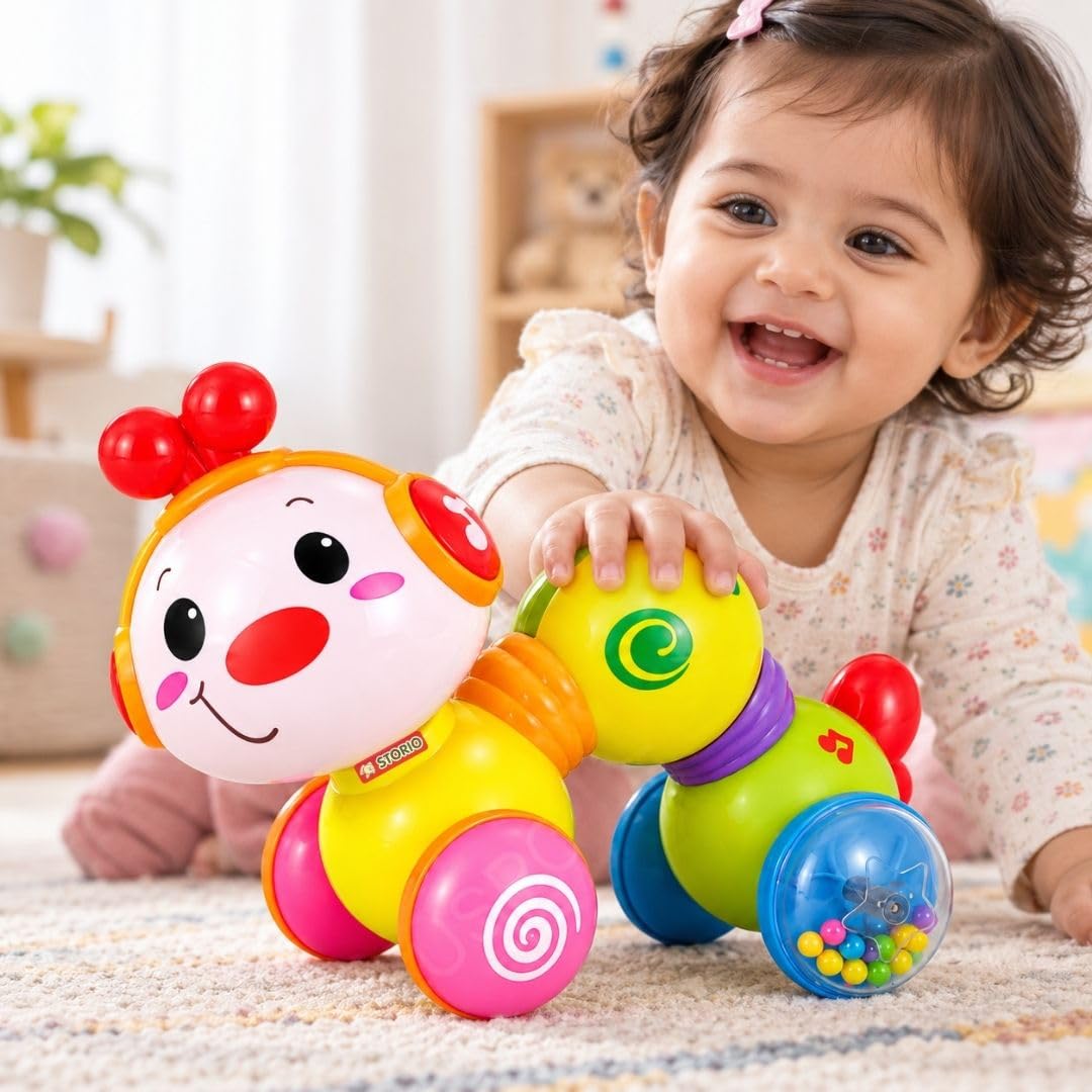 Storio Press & Go Musical Caterpillar Toy for Kids | Friction Powered Crawling Toy with Music, Rattle Bead Wheel & Flexible Body | Push and Go Educational Toy for Babies & Toddlers 12+ Months