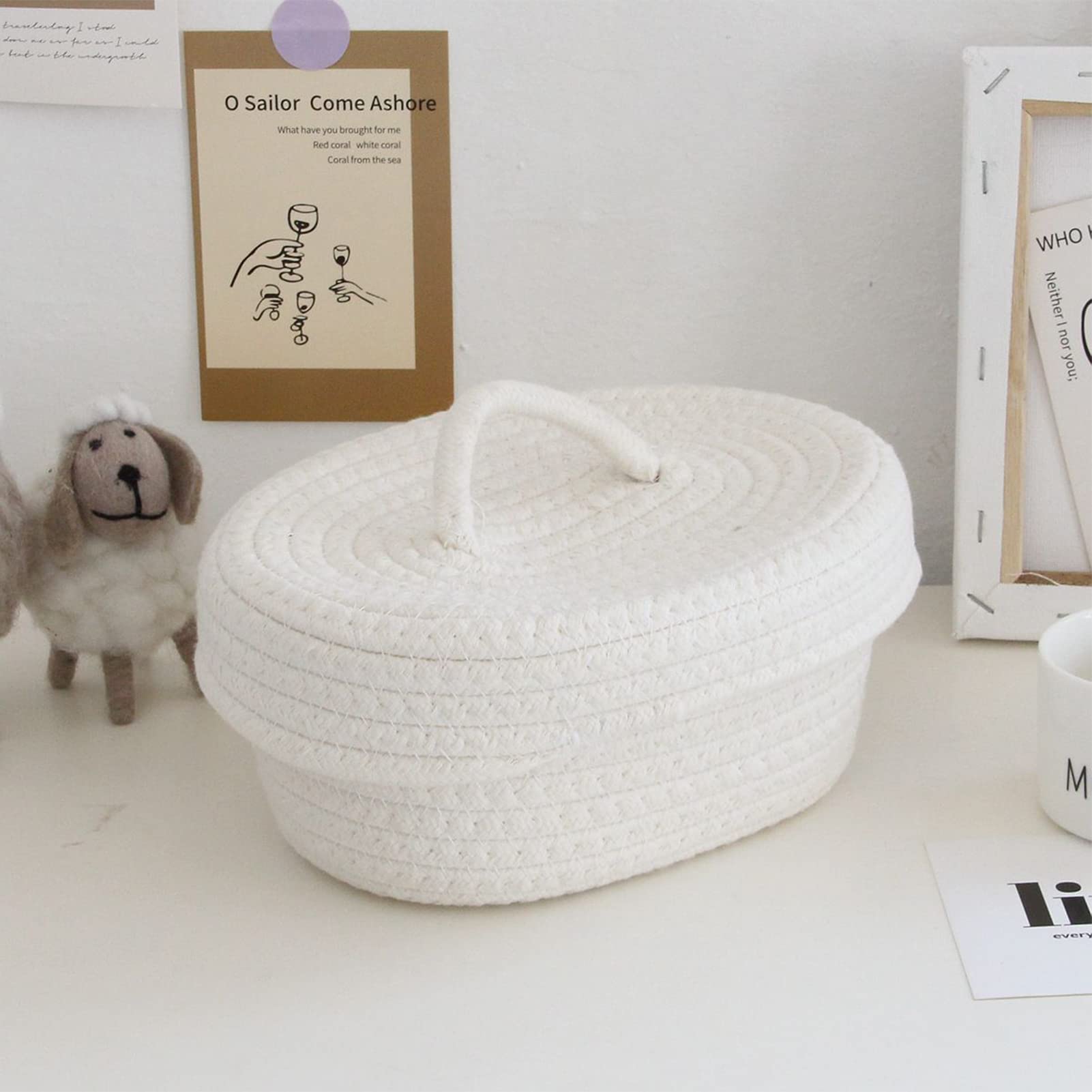 Naroote Cestino Portaoggetti in Corda di Cotone, Scatola Portaoggetti da Scrivania Decorativa Morbida per la Pelle con Coperchio per la Cameretta dei Bambini (Latte Bianco)