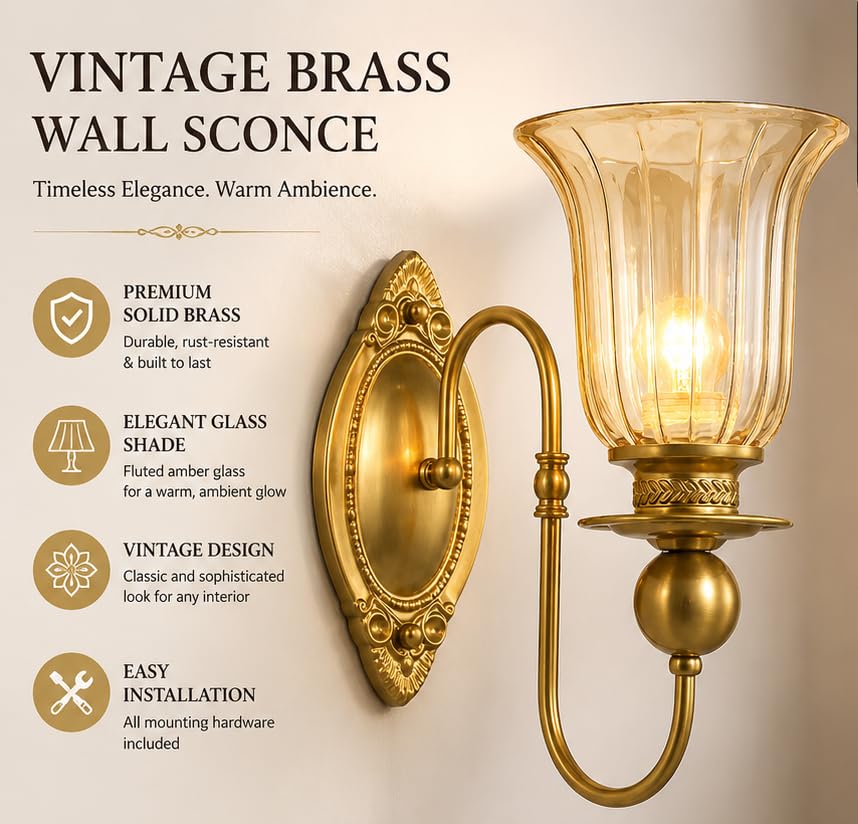 Image of Italian Wall Lamp, Antique Gold Finish, Single Light Wall Lamp with Champagne Glass with Filament Bulb
