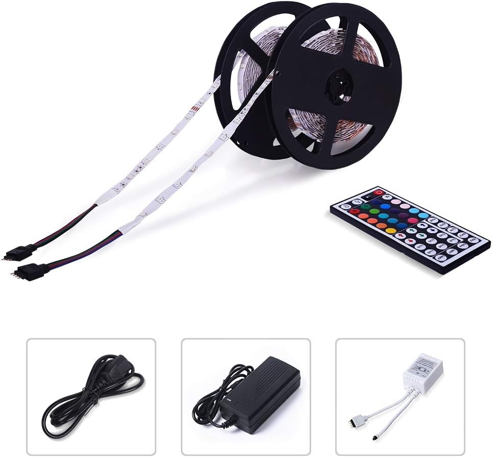 LED Strip Lights Kit Flexible Non-Waterproof IP20 32.8ft/10M 3528 RGB 600 LEDs Light 12v RGB LED Strips Lighting With 44key LED IR Remote Controller and DC 12V 5A Power Adapter Supply for DIY Party Decoration, Home, Kitchen, Garden lights, Cars,TV Backlight, Decoration and Indoor Outdoor Use