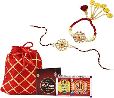 SMIZZY ; RETOUCHING LIVES Combo Set Of 2 Designer Kundan Pearls Lumba Bracelet With Printed Potli Bag, Roli Chawal And Greeting Card For Brother Rakhi 6