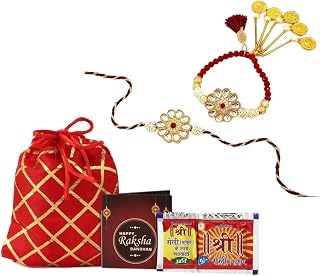 SMIZZY ; (RE)TOUCHING LIVES Combo Set Of 2 Designer Kundan Pearls Lumba Bracelet With Printed Potli Bag, Roli Chawal And Greeting Card For Brother (Rakhi 6)