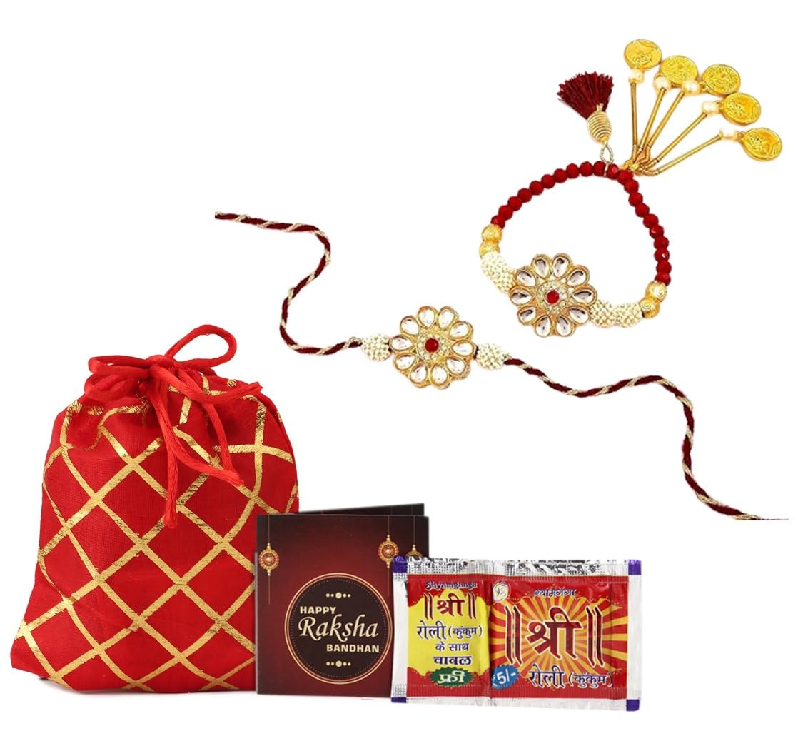 Kalakriti Unisex-Adult Rakhi For Brother And Bhabhi Combo Set Of 2 With Designer Kundan Lumba Bracelet For Bhabhi With Roli Chawal, Raksha Bandhan Greeting Card And Printed Potli Bag (Rakhi 1) (B0C5JRD46S) Amazon Price History, Amazon Price Tracker