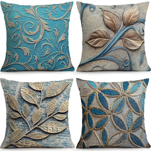 OBSEDE 3D Relief Floral Throw Pillow Covers 18x18 Set of 4, Farmhouse Decor for Home Couch Sofa Living Room, Rustic Floral Decorative Cushion Cases