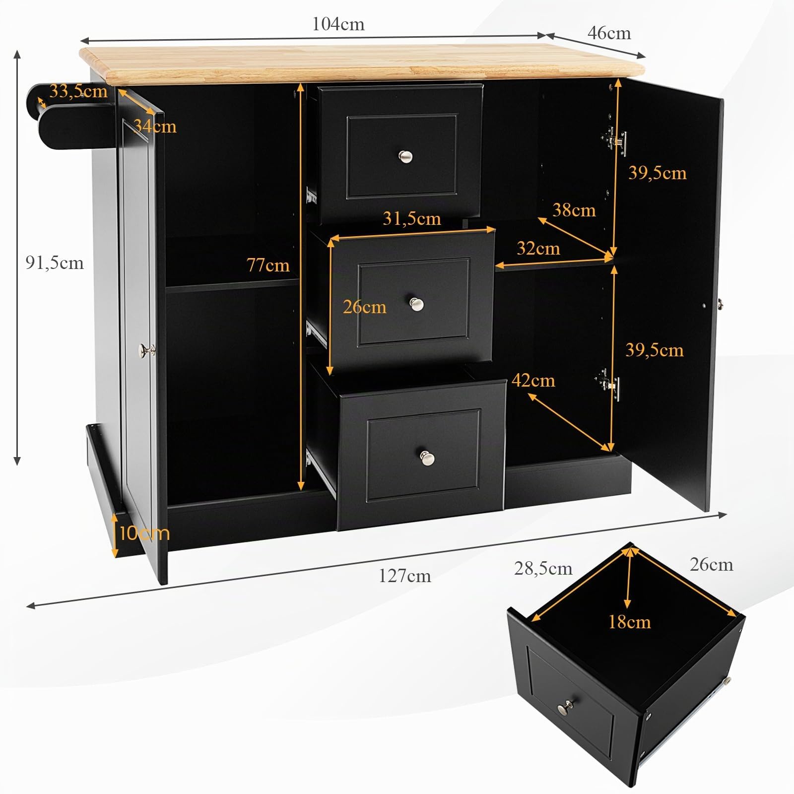 KOMFOTTEU Carrello da Cucina in Legno di Quercia con 2 Armadi e 3 Cassetti, Credenza con 5 Rotelle e Cerniere in Metallo, Isola da Cucina per Soggiorno e Sala da Pranzo (Nero)