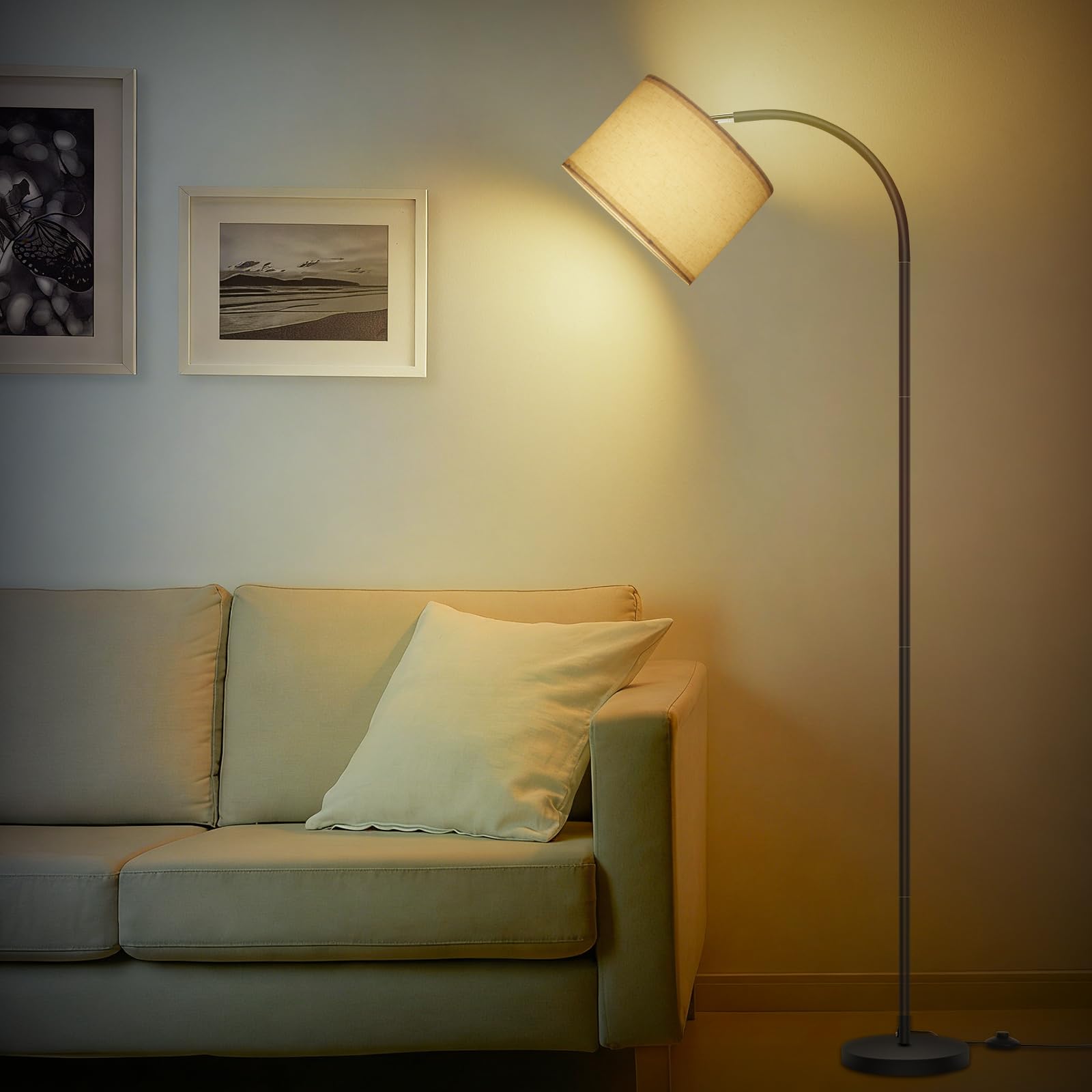 Lampada da terra per soggiorno, 170 cm, ad arco, moderna, con paralume in lino beige regolabile e interruttore a pedale, lampadina LED E27 3000 K inclusa, lampada da lettura per camera da letto