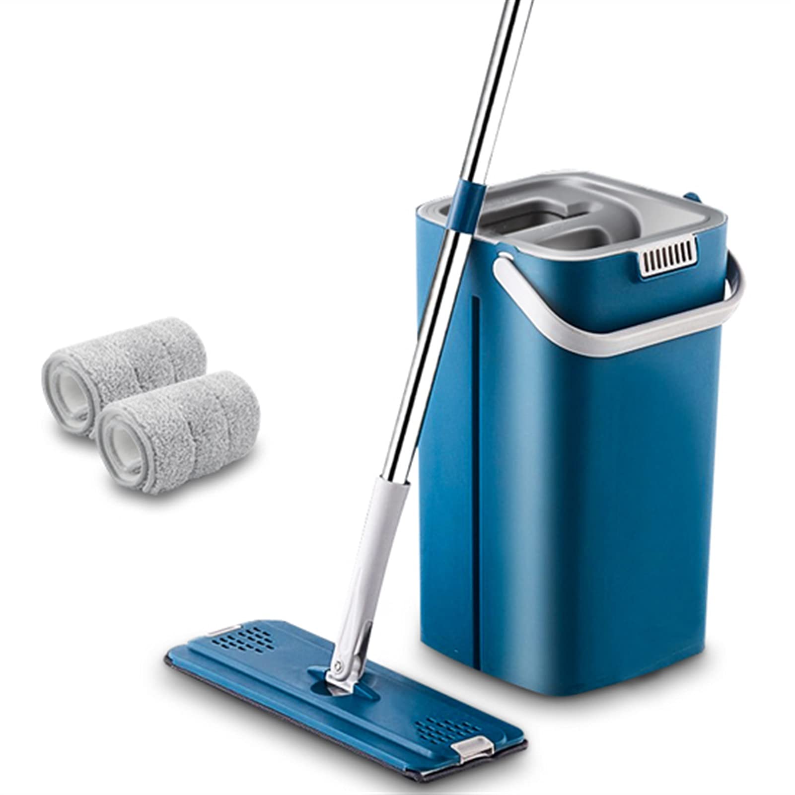 Bodenwischer Der neueste Mopp mit Eimer Set Handfreie Reinigungswerkzeug Mikrofaser Mopp mit Eimer Kitchenreinigung Flacher Squeeze Mop Wischmopp (Color : Blue-2 Cloth)