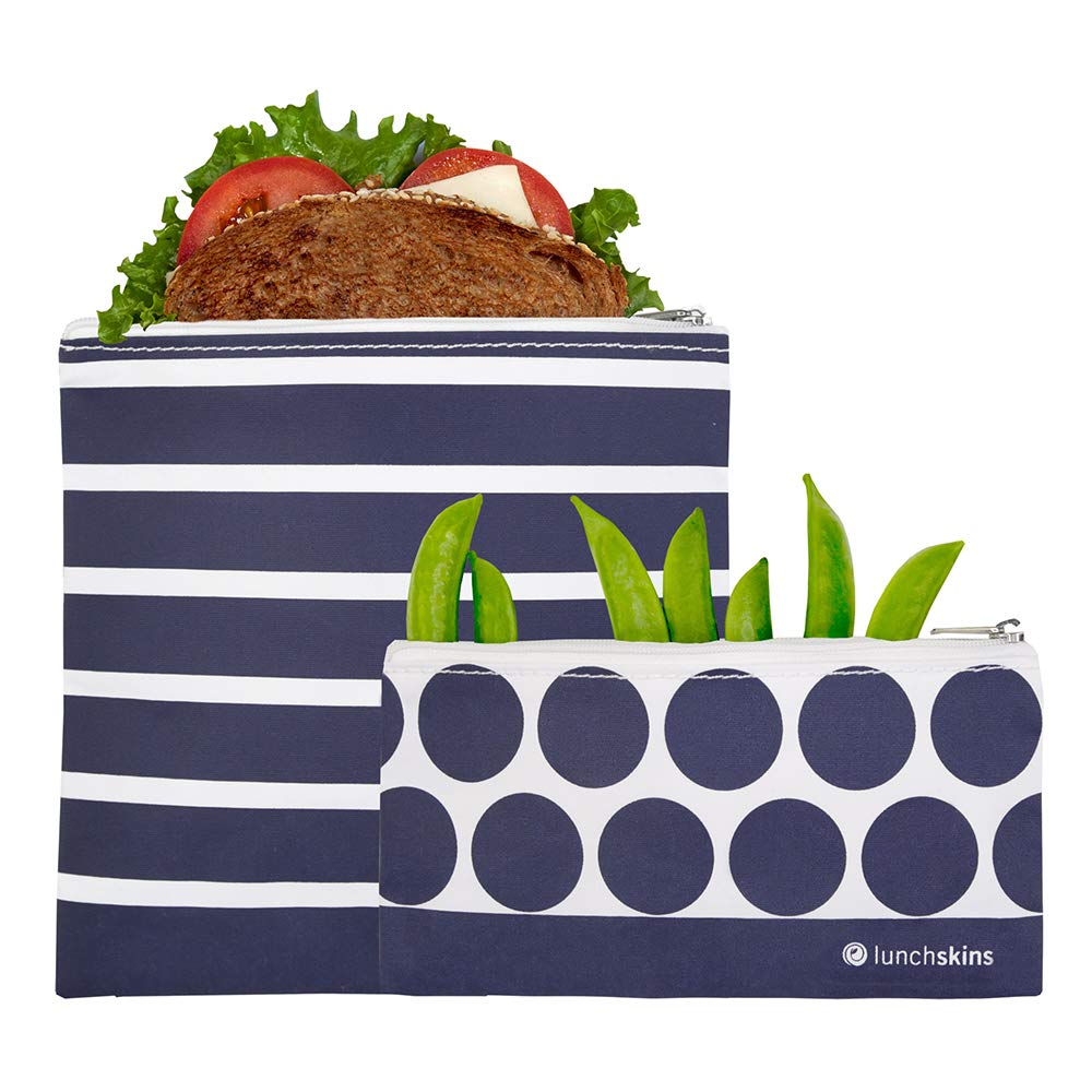 LunchskinsReusable Zippered 2-Pack Set, Food, Storage Bags, 1 Sandwich + 1 Snack, Navy Stripe