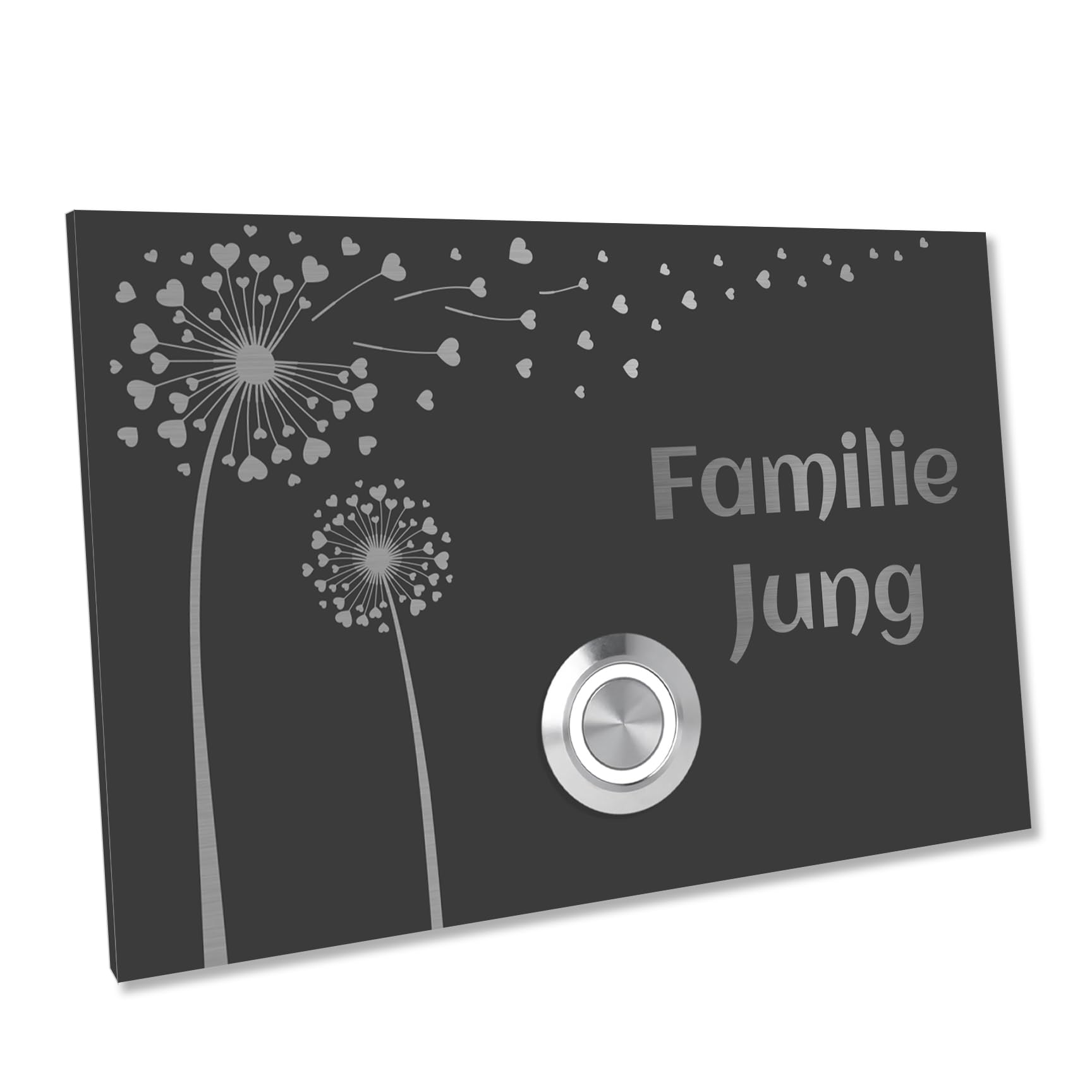 Jung Edelstahl Design Türklingel London 2 anthrazit RAL7016 pulverbeschichtet | Motiv Pusteblume Klingelschild 12 X 8 cm | Haustürklingel V2A Edelstahl LED Taster (weiß)