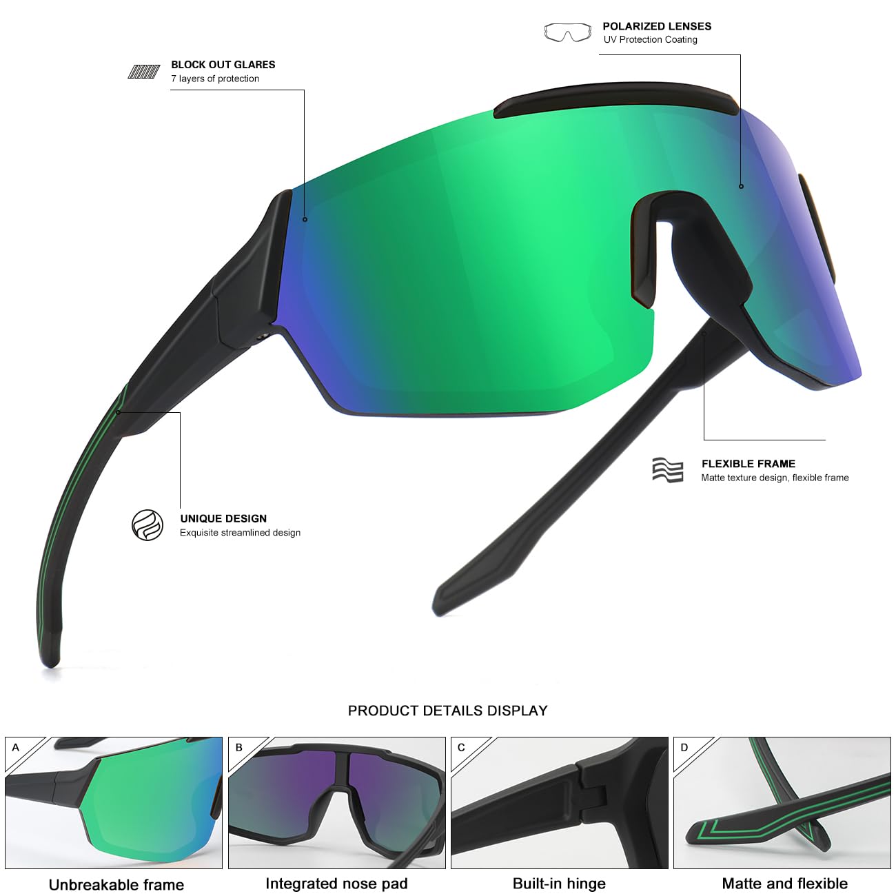 SEKKAF Paquete de 3 lentes de sol polarizados de béisbol para niños y niñas, para deportes, sóftbol, protección UV, Paquete de 3, negro, verde, blanco y azul, 66 Millimeters