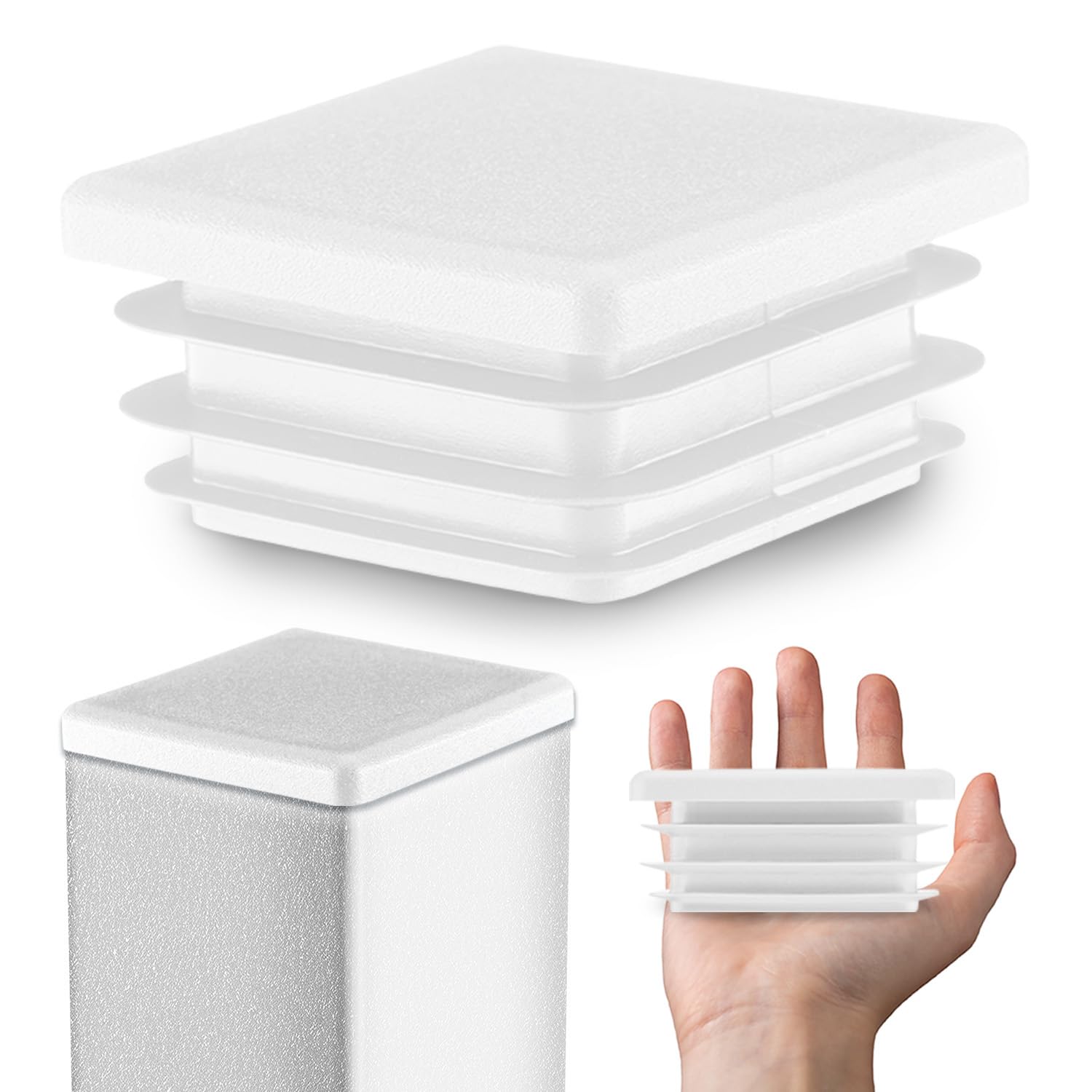 EMFA Tapón para Tubo Cuadrado 100x100 mm, Blanco, 50 Piezas | Tapón Cuadrado, Terminal para Tubo, Polietileno PE, Tapón con Láminas