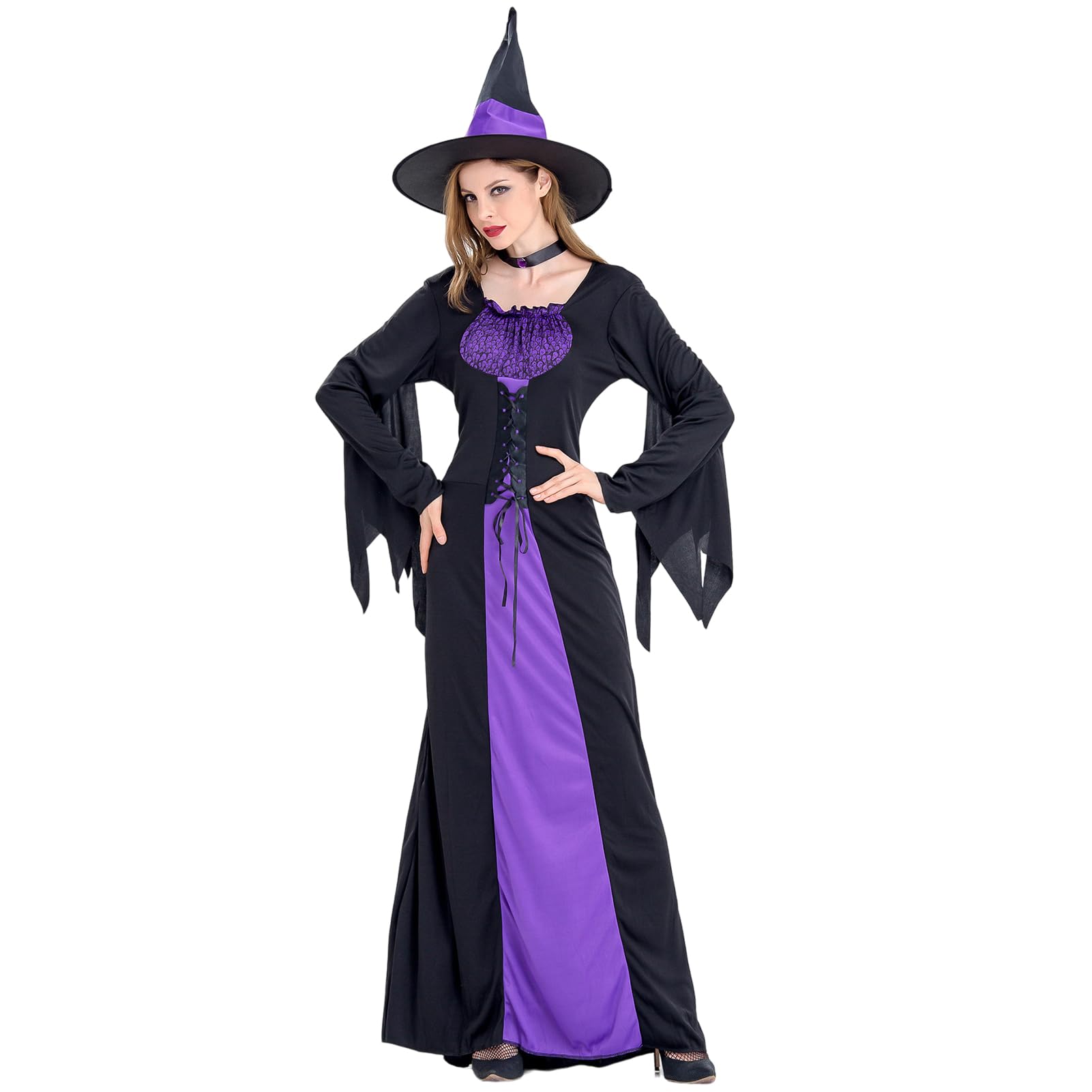 Blisscok Disfraz Bruja Mujer Morado, Disfraz de Bruja Largo para Mujer Morado, Disfraces Halloween Mujer Bruja, Disfraz Bruja Mujer Adulta, Disfraz Mujer Halloween Bruja