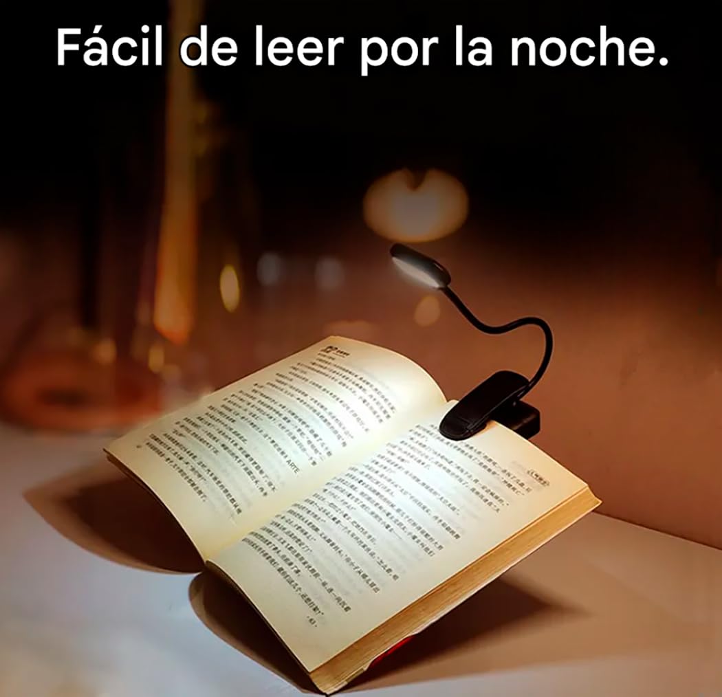 Luz lectura de libro con pinza de 5 leds, cuello flexible ajustable 360º, 3 pilas AAA NO incluidas, Lámpara portátil noche cama escritorio infantil estudiar (3 Pilas AAA NO incluidas)