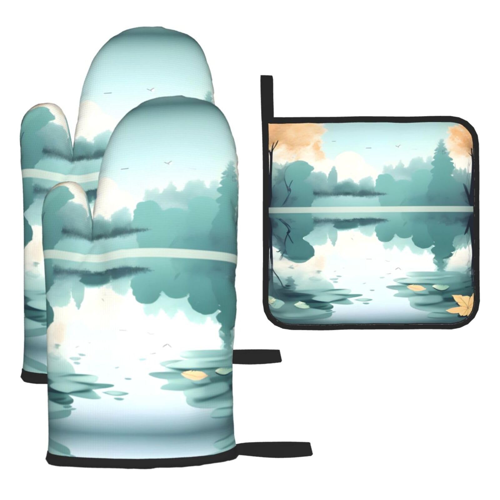 Fallen leaves on a tranquil lake Oven mittens and oven mitts three-piece set suitable for oven, grilling, baking, microwave and home cooking.