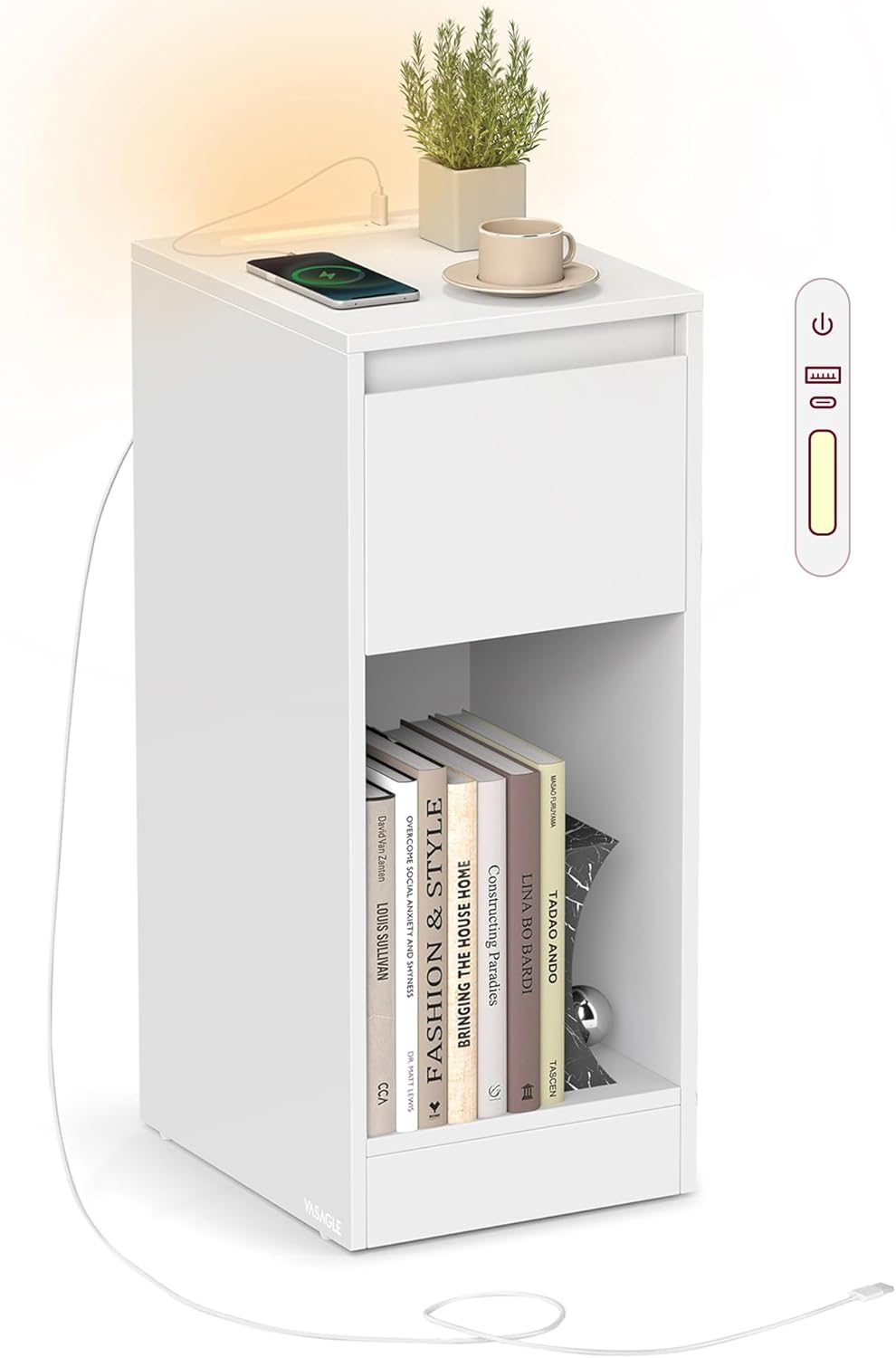 VASAGLE Comodino Stretto, Tavolino, con Illuminazione LED, 1 Porta USB-A, 1 Porta USB-C, Cassetto e Scomparto Aperto, per Camera da Letto, Soggiorno, Bianco Nuvola LET610W01