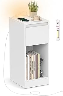 VASAGLE LET610W01 Narrow Bedside Table with LED Lighting, 1 USB-A Port, 1 USB-C Port, Drawer and Open Compartment for Bedr…