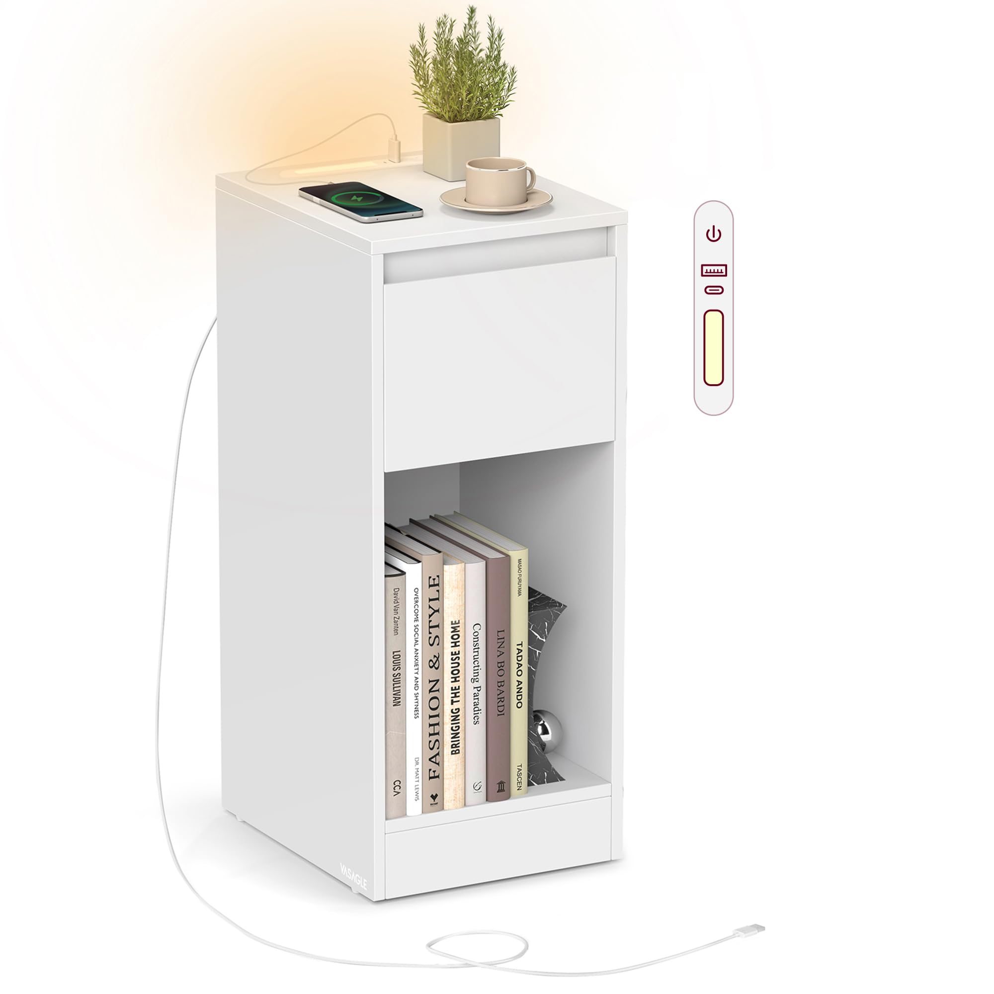 VASAGLE Kailyn Colección Mesita de Noche Estrecha con Iluminación LED, Puerto USB-A y USB-C, Cajón y Compartimento, Blanco Nube