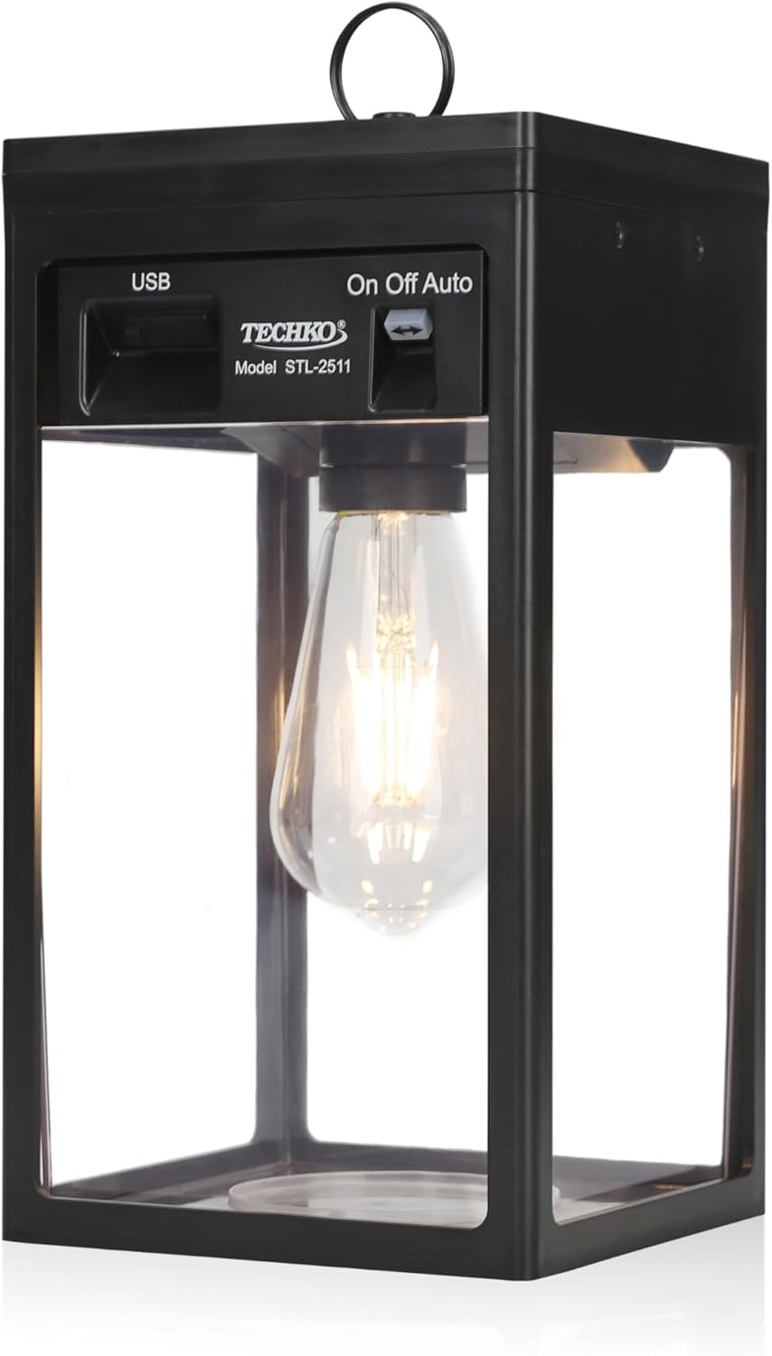 Techko Solar Portable Lantern with Edison Bulb - Outdoor Waterproof Hanging Solar Garden Lights, Retro Design for Patio, Yard, Garden, Pathway Decor, Solar Powered, Dusk to Dawn Table Lanterns