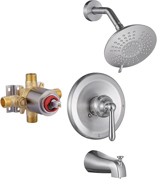 Shower Faucet Set Brushed Nickel: ARCORA Bathtub Faucet Set with 6-Inch Rain Showerhead and Tub Spout, Single-Handle Tub and Shower Trim Kit (Valve Included)