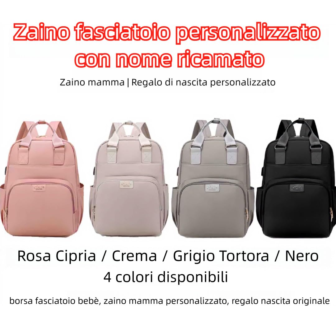 Generico Zaino Fasciatoio Personalizzato con Nome Ricamato - Borsa Mamma con Porta USB, Scomparto Termico e Separazione Asciutto/Bagnato - Zaino Neonato per Passeggino, Regalo di Nascita