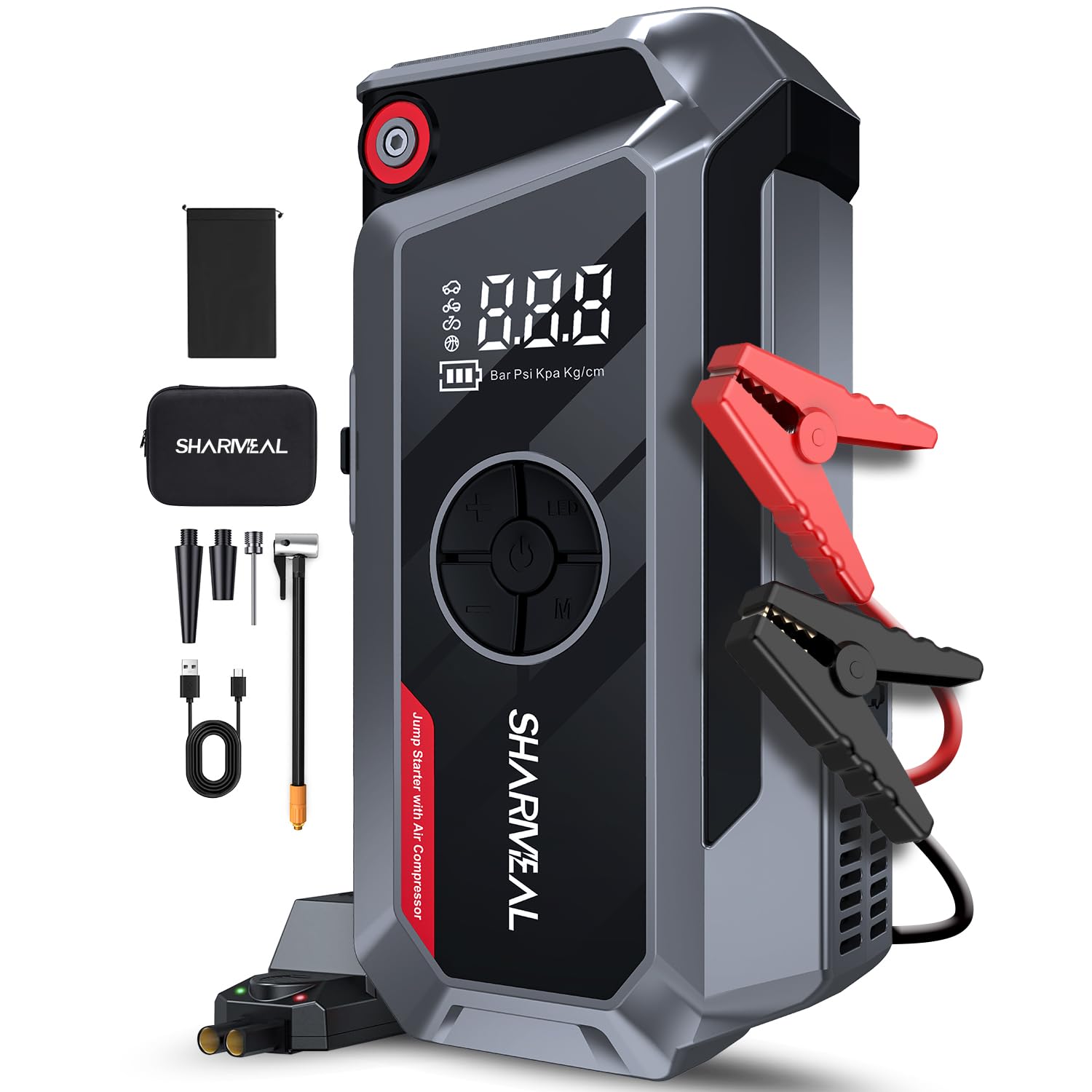 Jump Starter with Air Compressor, Sharmeal 5000A 150PSI Car Battery Jump Starter for 10.0L Gas and 9.0L Diesel, 12V Car Battery Jumper Starter with Large Display, Emergency Lights