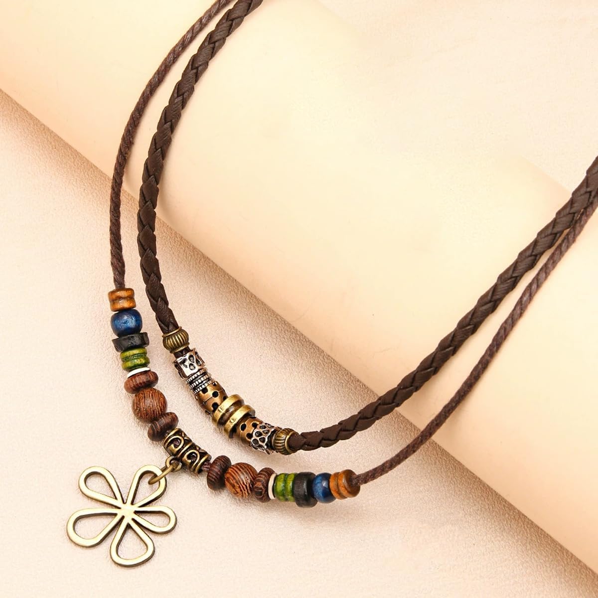 Boho Beaded Necklace for Women Statement Chunky Bohemian Colorful Beads Strand 2 Layers Wood Summer Beach Necklaces - Image 3