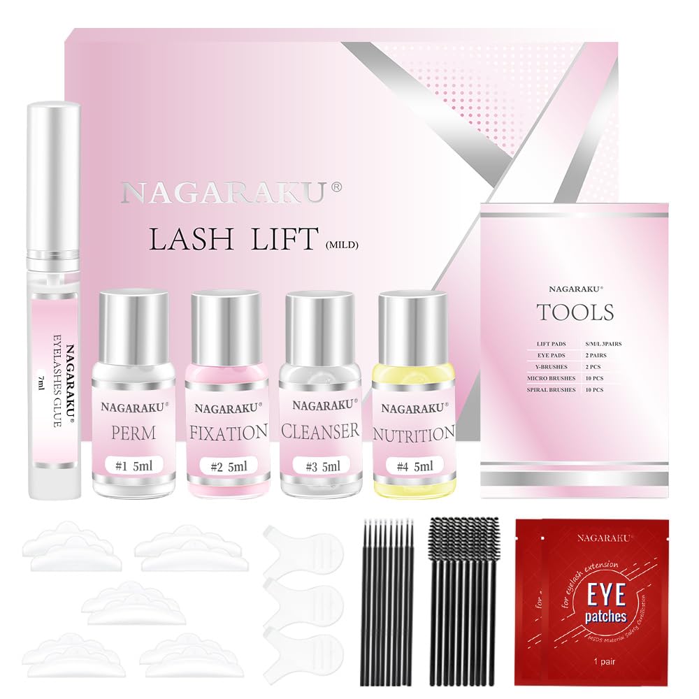 NAGARAKU Lash Lift Kit Mild Eyelash Semi-Permanent Curling Perming Wave Retension 40-60 days Professional with Eye pads Brush