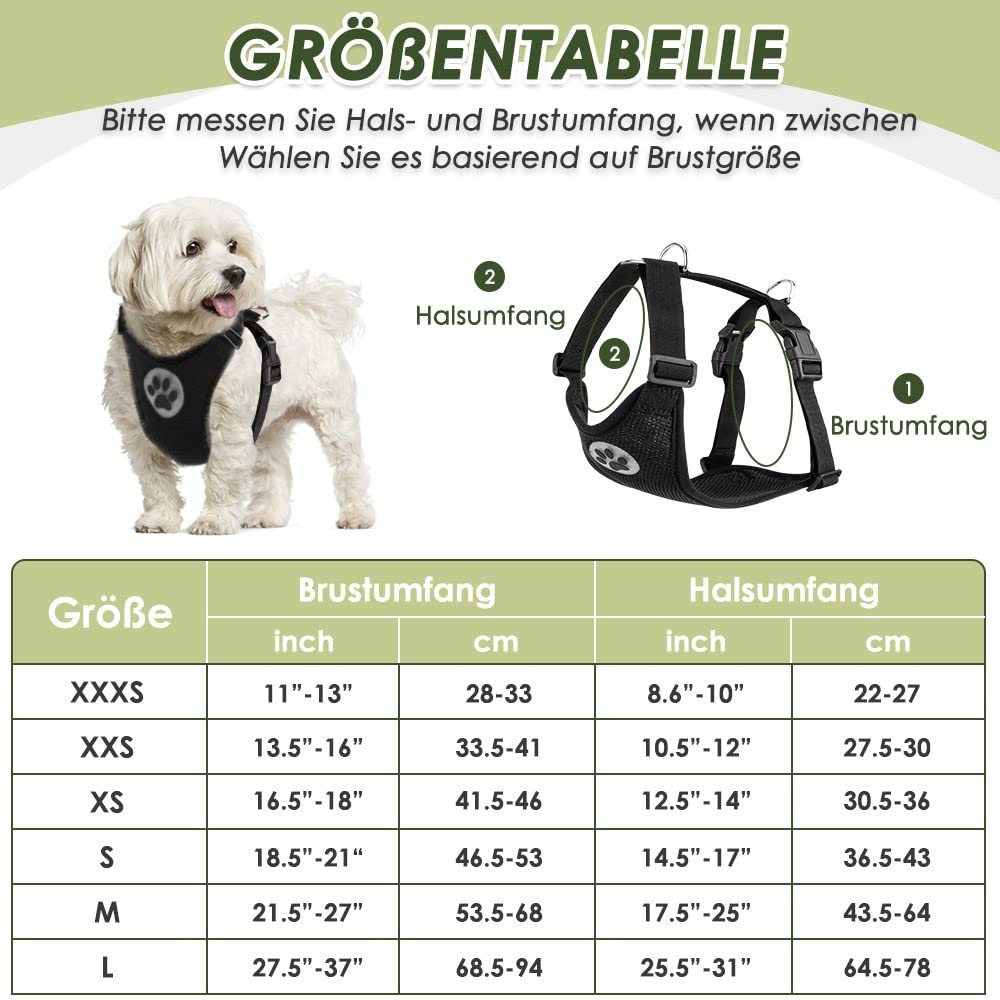 SlowTon Hundegeschirr mit Sicherheitsgurt für Auto, atmungsaktives Geschirr Hund, Sicherheitsgurt mit 2 Karabinerhaken zur Befestigung am Sicherheitsgurt-Schnalle oder Kofferraum(Schwarz, XS)