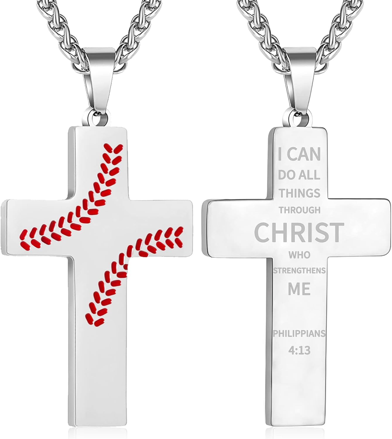 Zocomi Baseball Cross Necklace for Boys Men, Stainless Steel Cross Pendant Chain 24 Inches, Inspirational Bible Verse Religious Gift
