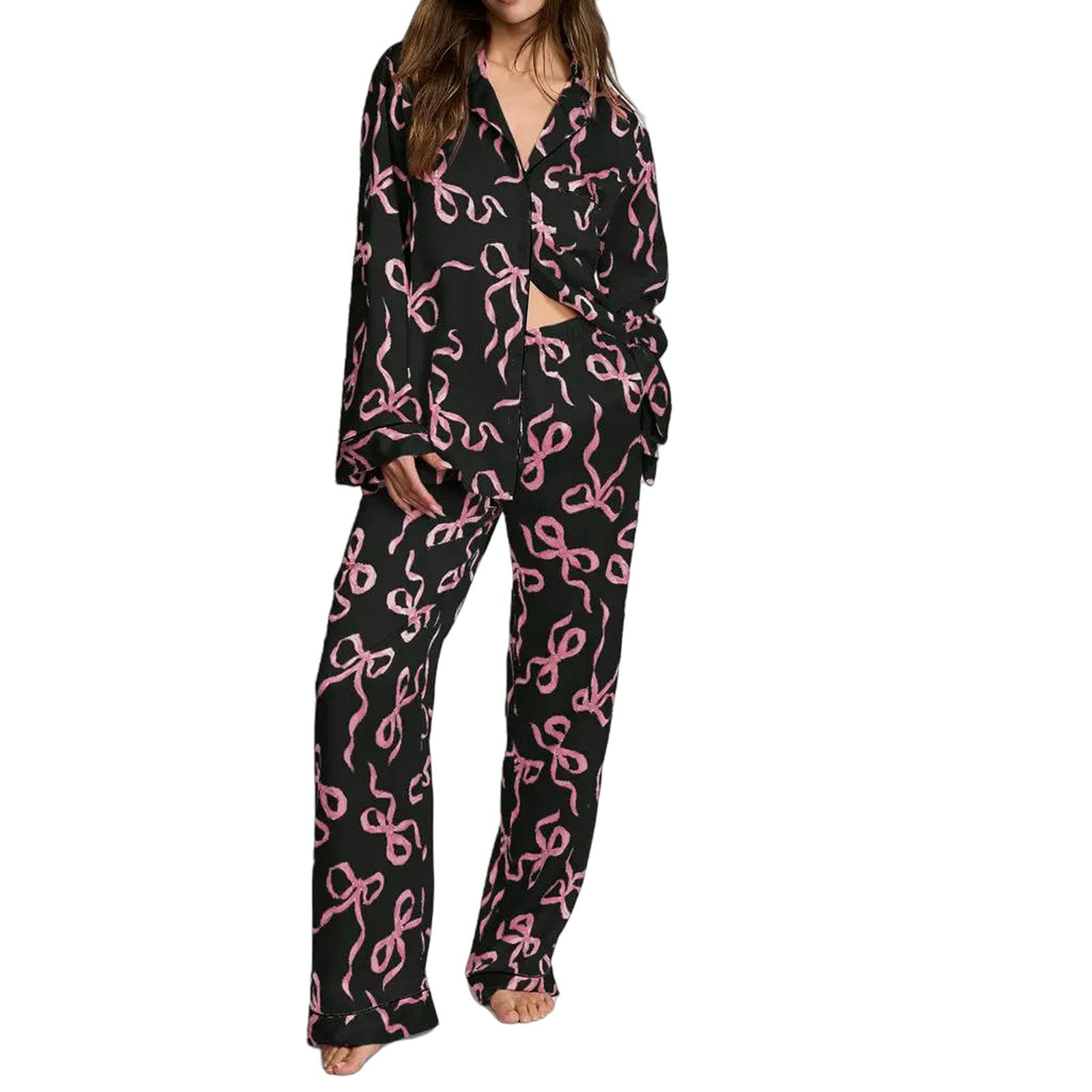 Pigiama in Raso da Donna 2 Pezzi Set A Maniche Lunghe con Risvolto al Collo Camicia Stampa Fiocco Stella Top + Pantaloni Vita Elastica Sleepwear-6-l